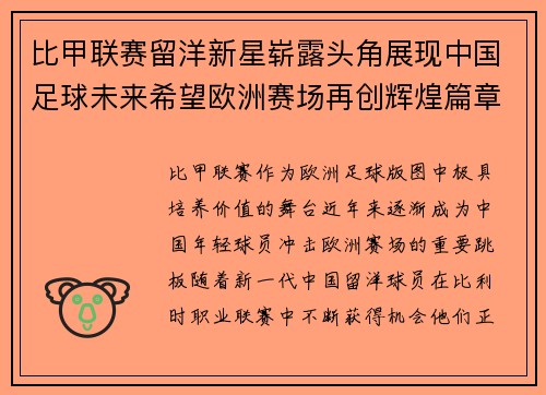 比甲联赛留洋新星崭露头角展现中国足球未来希望欧洲赛场再创辉煌篇章